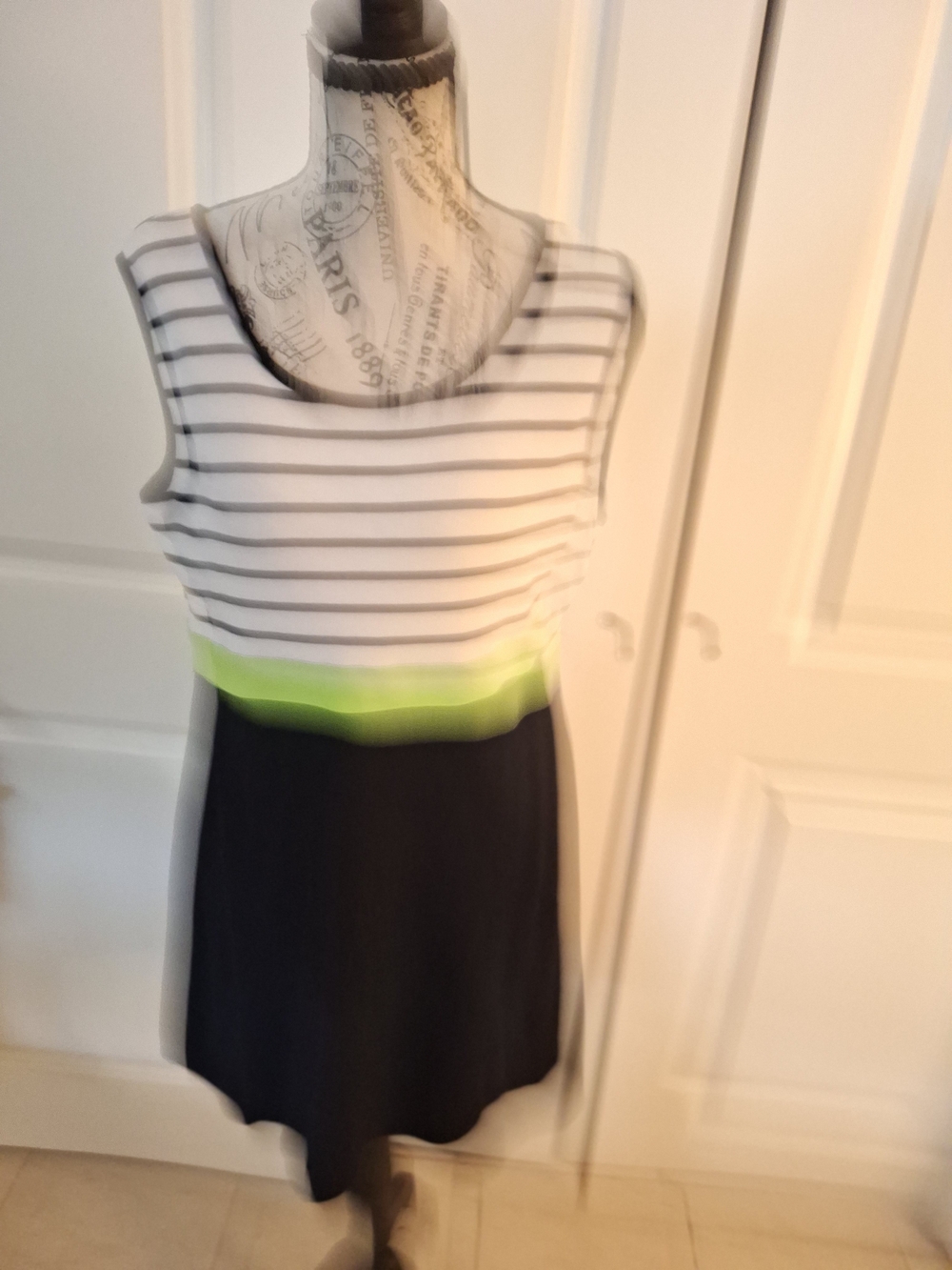 Ronni Nicole White and Black Striped Top Navy Skirt Dress with Lime Accent